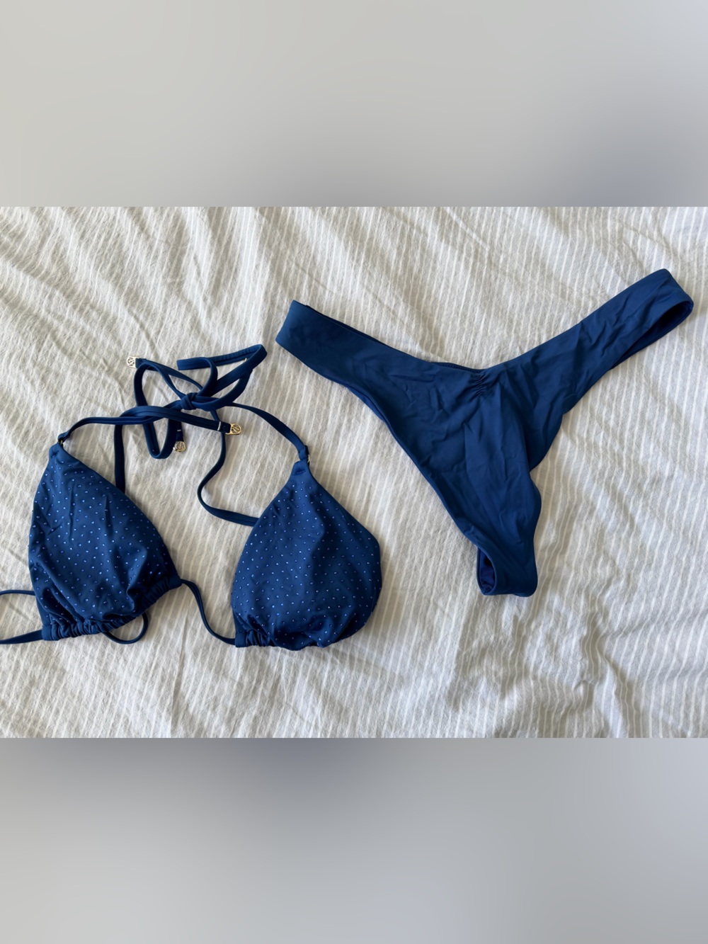 Victoria's Secret Navy Blue Triangle Bikini Set with Subtle Dots